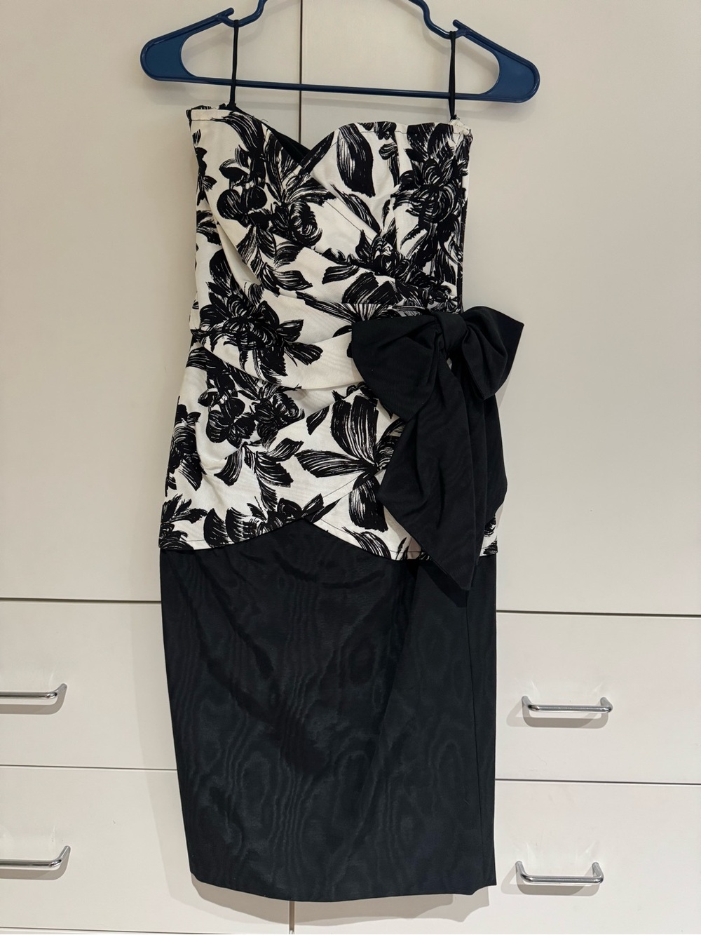 Emanuel Ungaro Strapless Black & White Floral Sheath Dress with Bow Accent